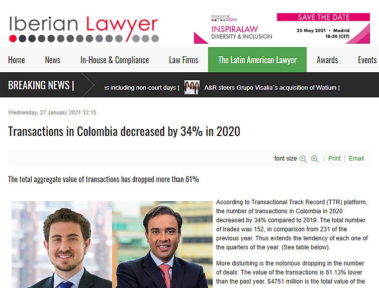 Transactions in Colombia decreased by 34% in 2020